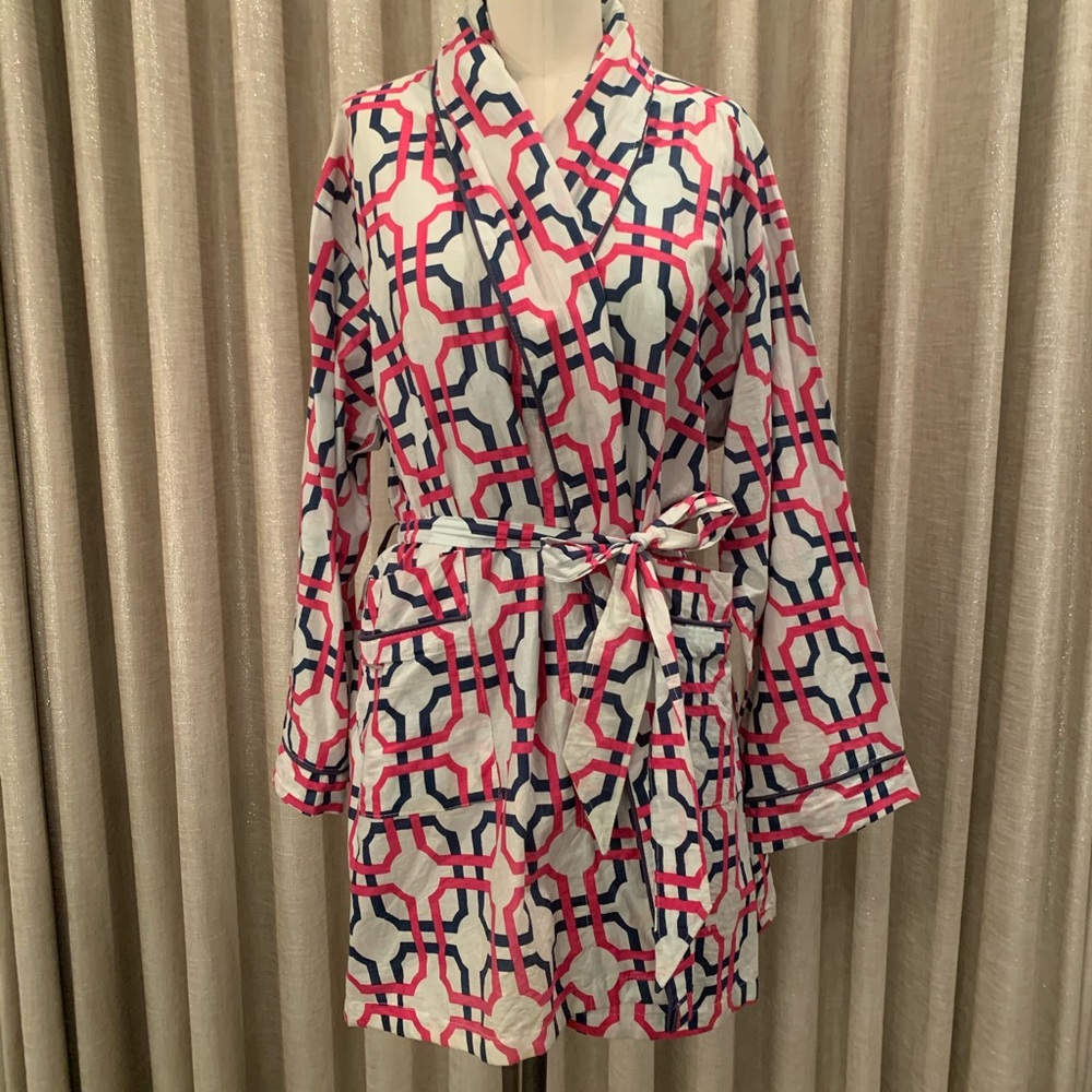 Malabar Bay pink and navy geometric cotton robe